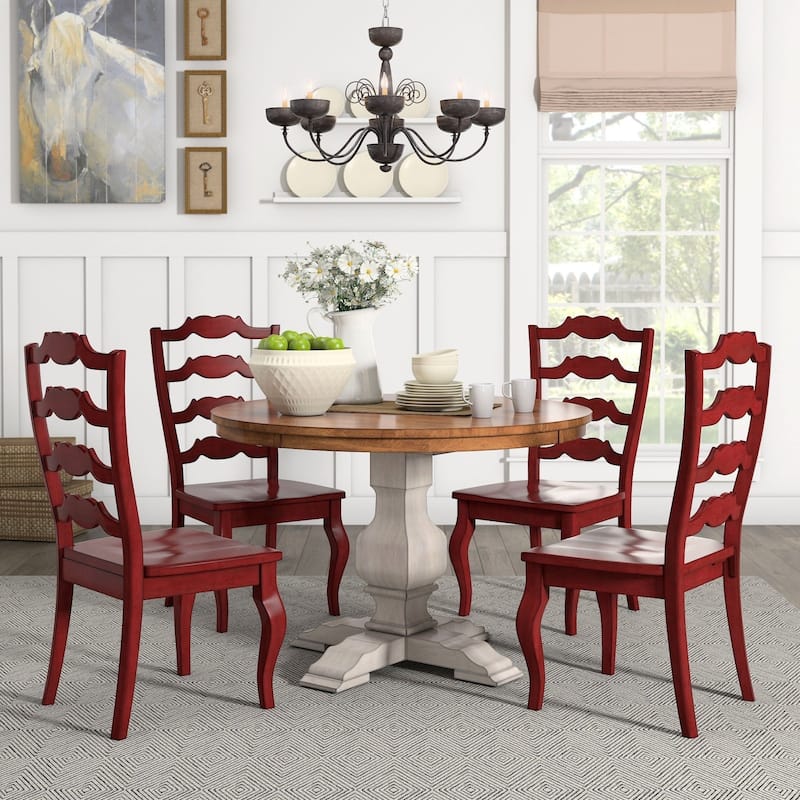 Eleanor Antique White Round Solid Wood Top 5-Piece Dining Set - French Ladder by iNSPIRE Q Classic - Antique White Table - Berry Red Chairs