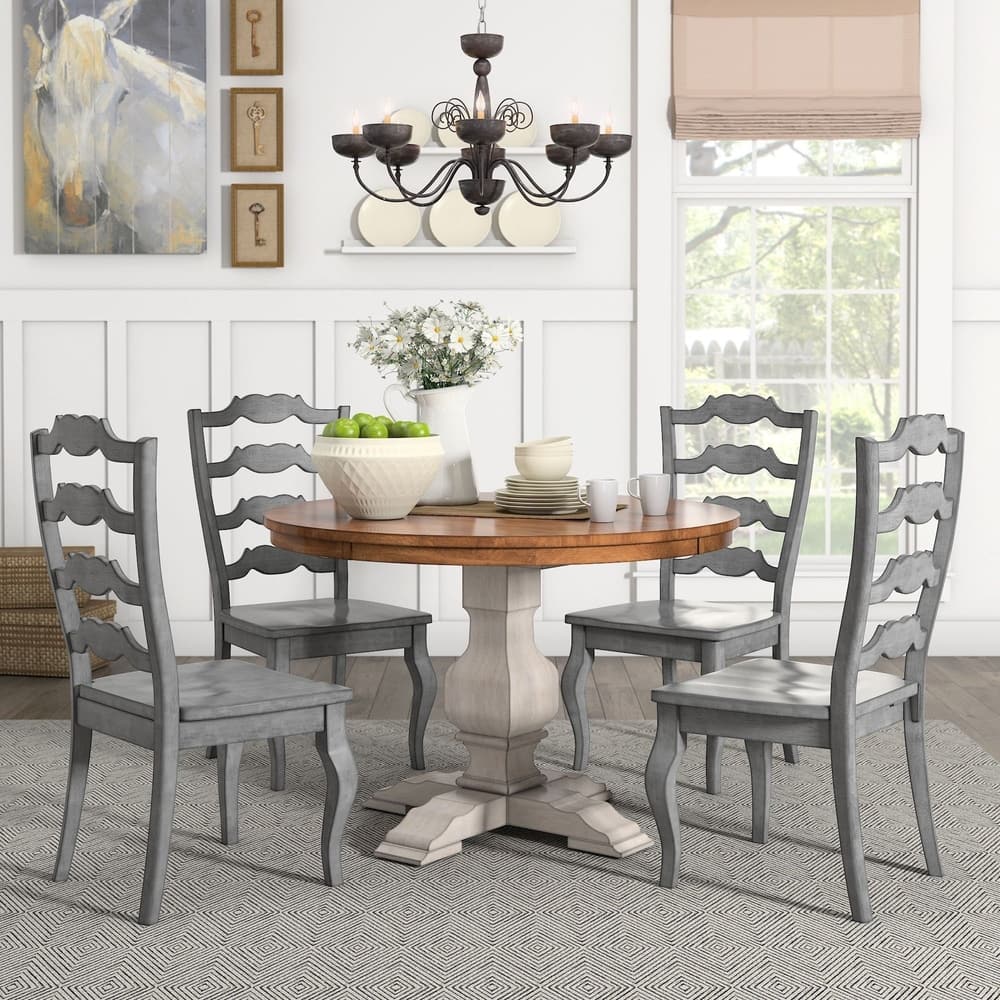 Eleanor Antique White Round Solid Wood Top 5-Piece Dining Set - French Ladder by iNSPIRE Q Classic