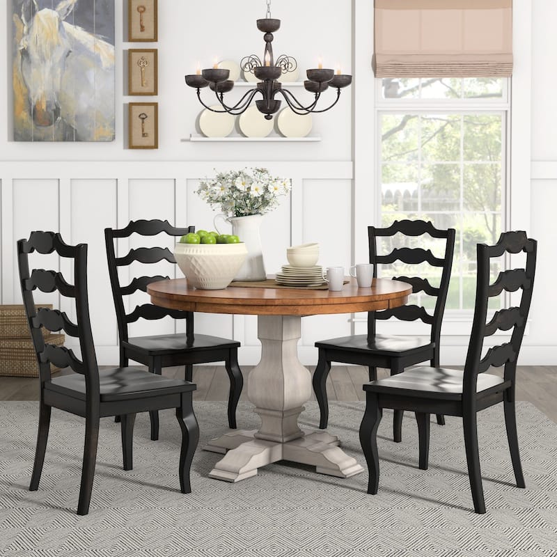Eleanor Antique White Round Solid Wood Top 5-Piece Dining Set - French Ladder by iNSPIRE Q Classic - Antique White Table - Antique Black Chairs