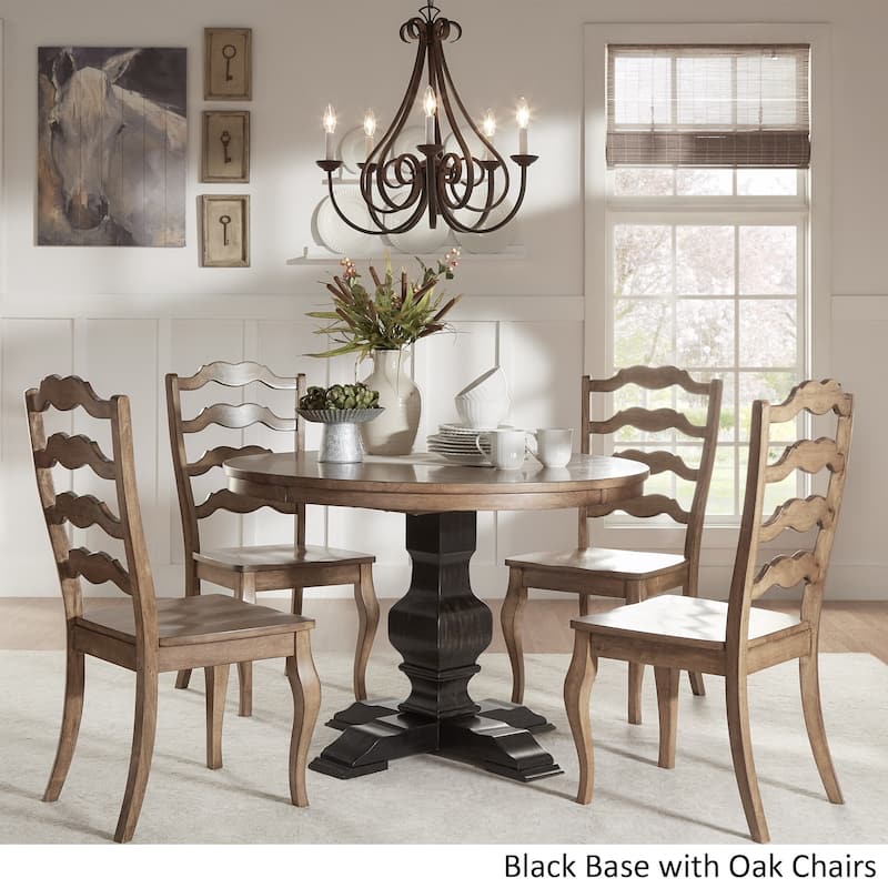 Eleanor Black Round Solid Wood Top 5-Piece Dining Set - French Ladder Back by iNSPIRE Q Classic - Antique Black Table - Oak Chairs