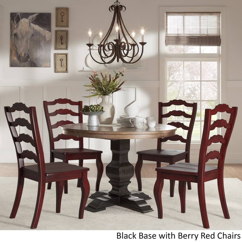 Eleanor Black Round Solid Wood Top 5-Piece Dining Set - French Ladder Back by iNSPIRE Q Classic - Antique Black Table - Berry Red Chairs