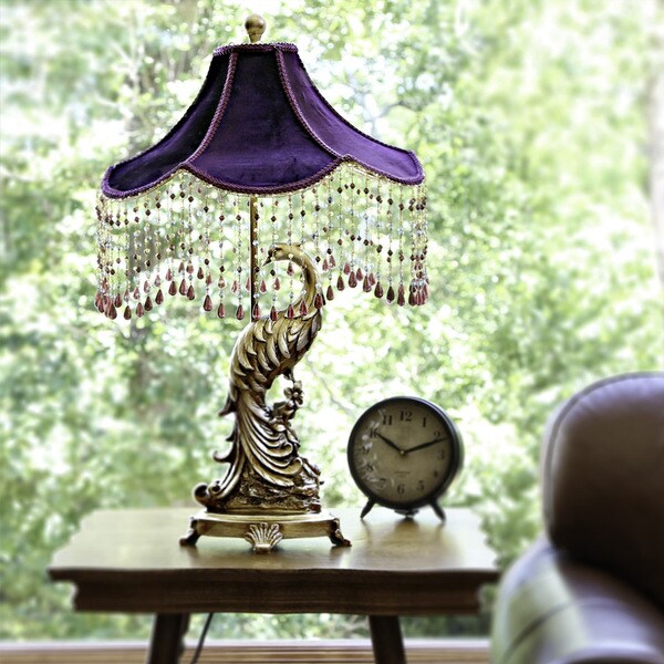 The Curated Nomad Hyde Purple Velvet Peacock Lamp with Goldtone Beaded Trim