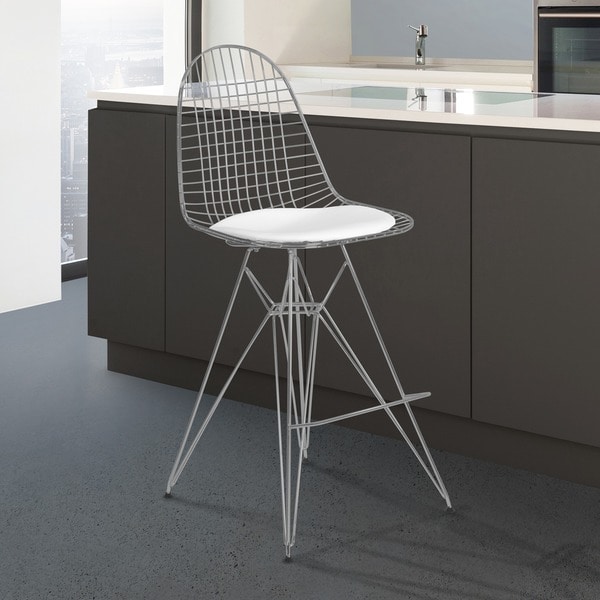 Armen Living Aquila Chrome Wire Barstool With White Faux Leather Armen Living Aquila Chrome Wire Barstool With White Faux Leather Seat Cushion