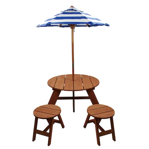 Homeware Brown Wood Kids Round Umbrella Table and Stools 3-piece Set - 33"Lx27"Wx54"H