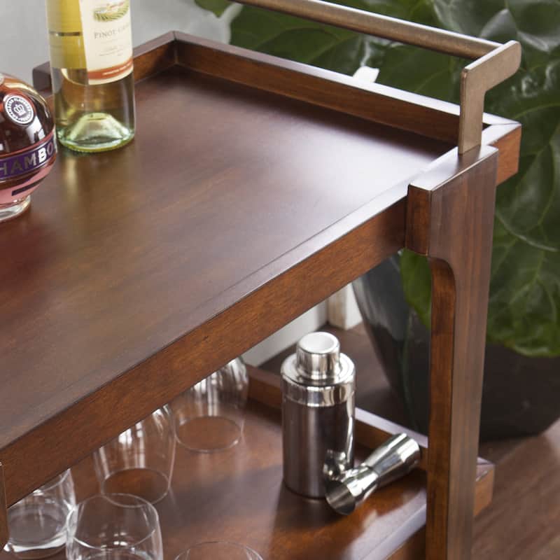 SEI Furniture Zhori Mid Century Modern 3-Tier Faux Wood Bar Cart with Sleek Metal Details and Ample Storage Space