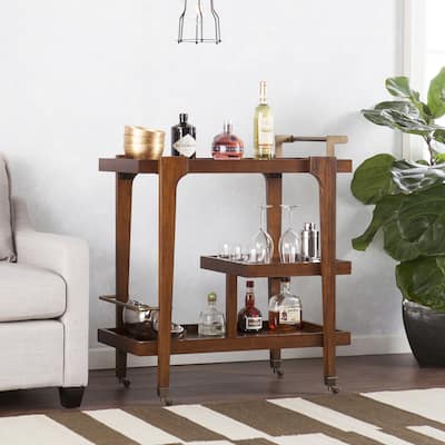 SEI Furniture Zhori Mid Century Modern 3-Tier Faux Wood Bar Cart with Sleek Metal Details and Ample Storage Space