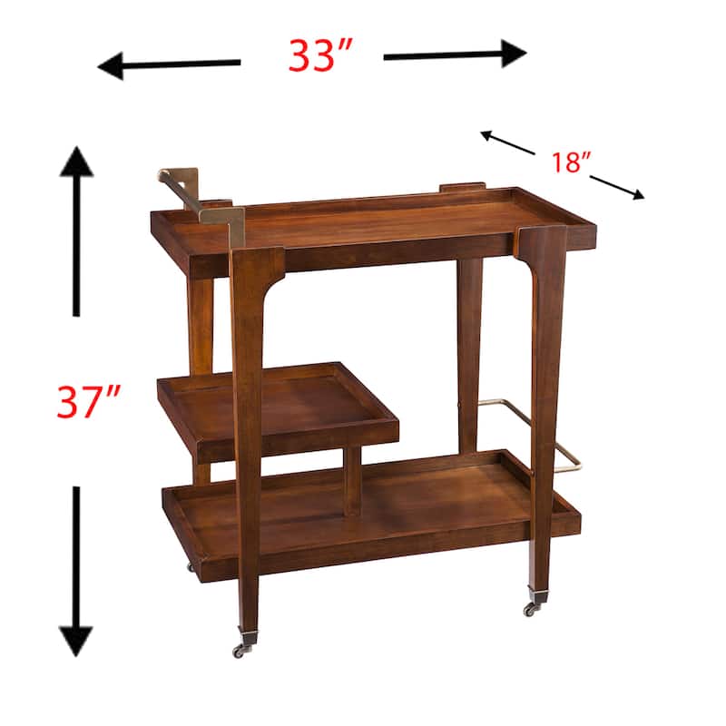 SEI Furniture Zhori Mid Century Modern 3-Tier Faux Wood Bar Cart with Sleek Metal Details and Ample Storage Space