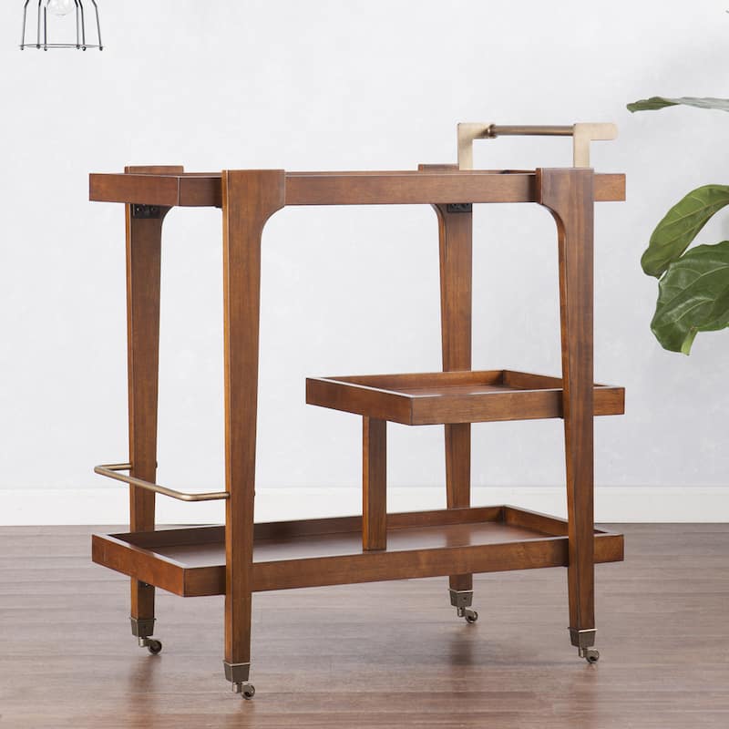 SEI Furniture Zhori Mid Century Modern 3-Tier Faux Wood Bar Cart with Sleek Metal Details and Ample Storage Space