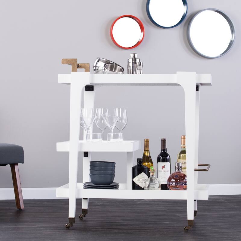 SEI Furniture Zhori Mid Century Modern 3-Tier Faux Wood Bar Cart with Sleek Metal Details and Ample Storage Space