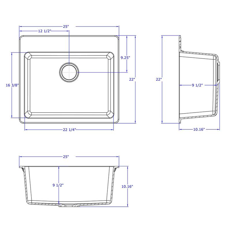 Winpro Granite Quartz 25 x 22" x 9-1/2 Single Bowl Dual Mount Sink