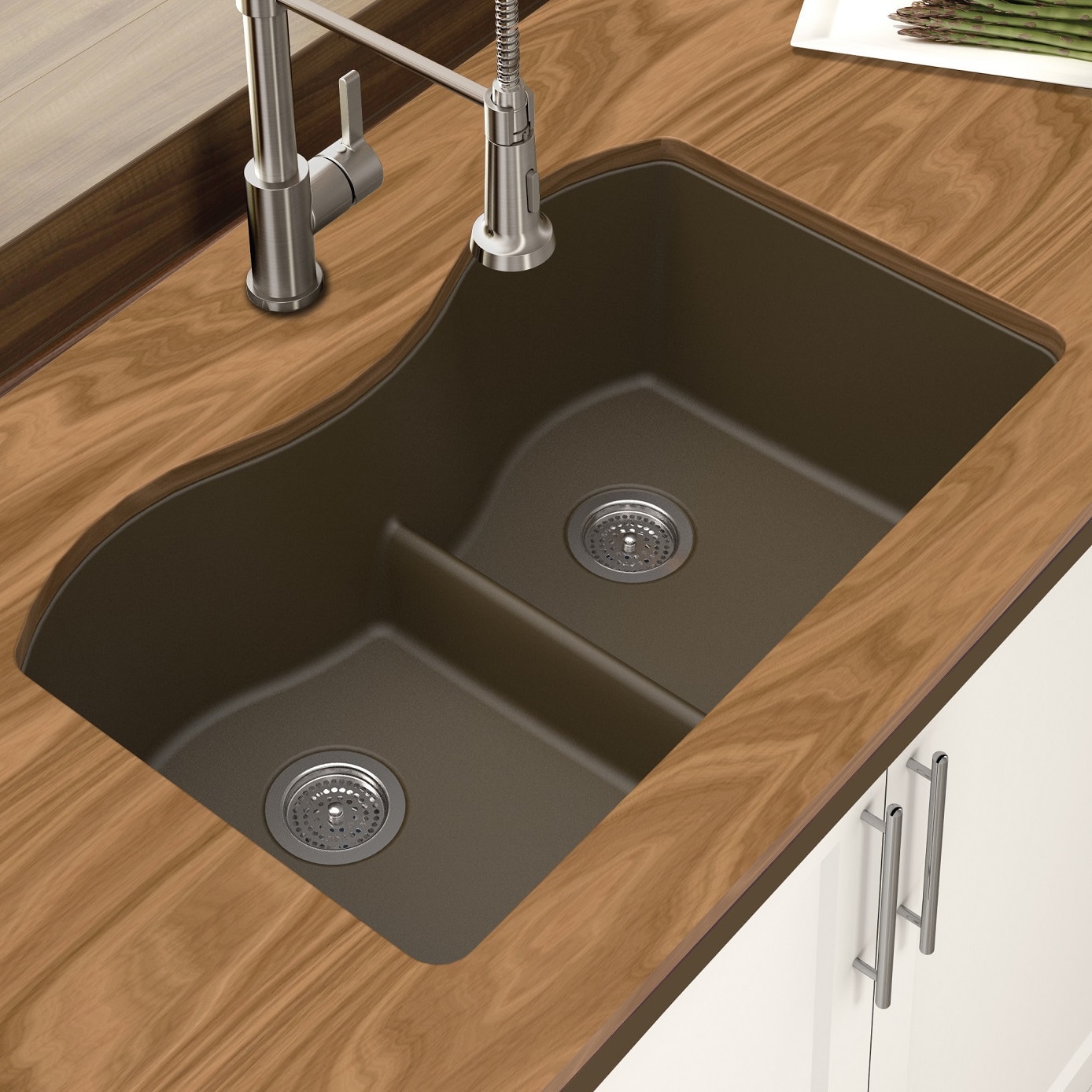 Winpro Mocha Granite Quartz 33 X 22 X 10 Inch Double Equal Bowl Undermount Sink With Aqua Divide