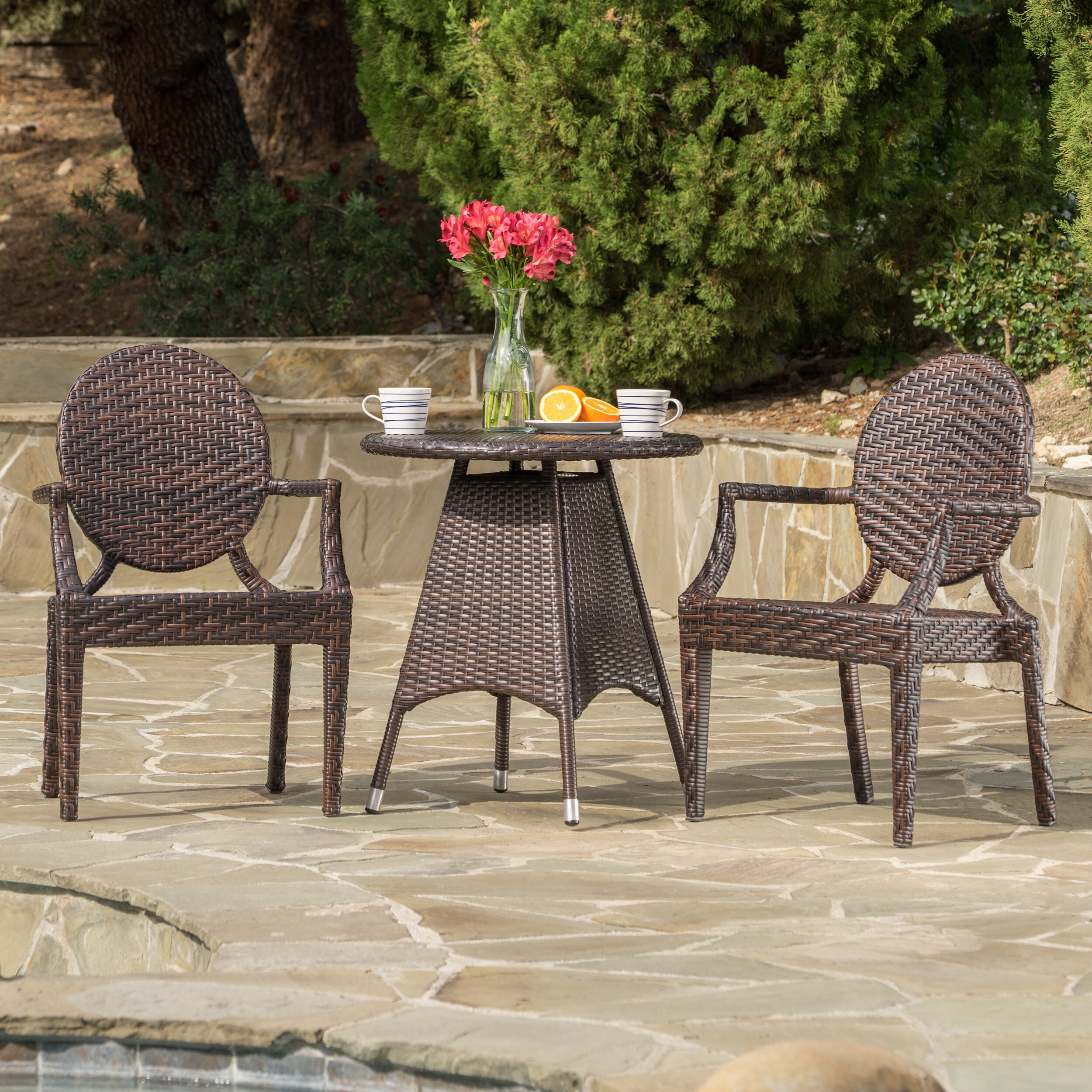 Shop Black Friday Deals On Delta Outdoor Round Wicker 3 Piece Bistro Set With Umbrella Hole By Christopher Knight Home Overstock 14647289