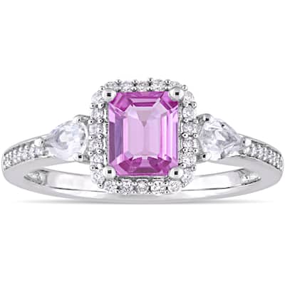 Miadora Signature Collection 14k White Gold Pink and White Sapphire with 1/6ct TDW Diamond Halo Enga