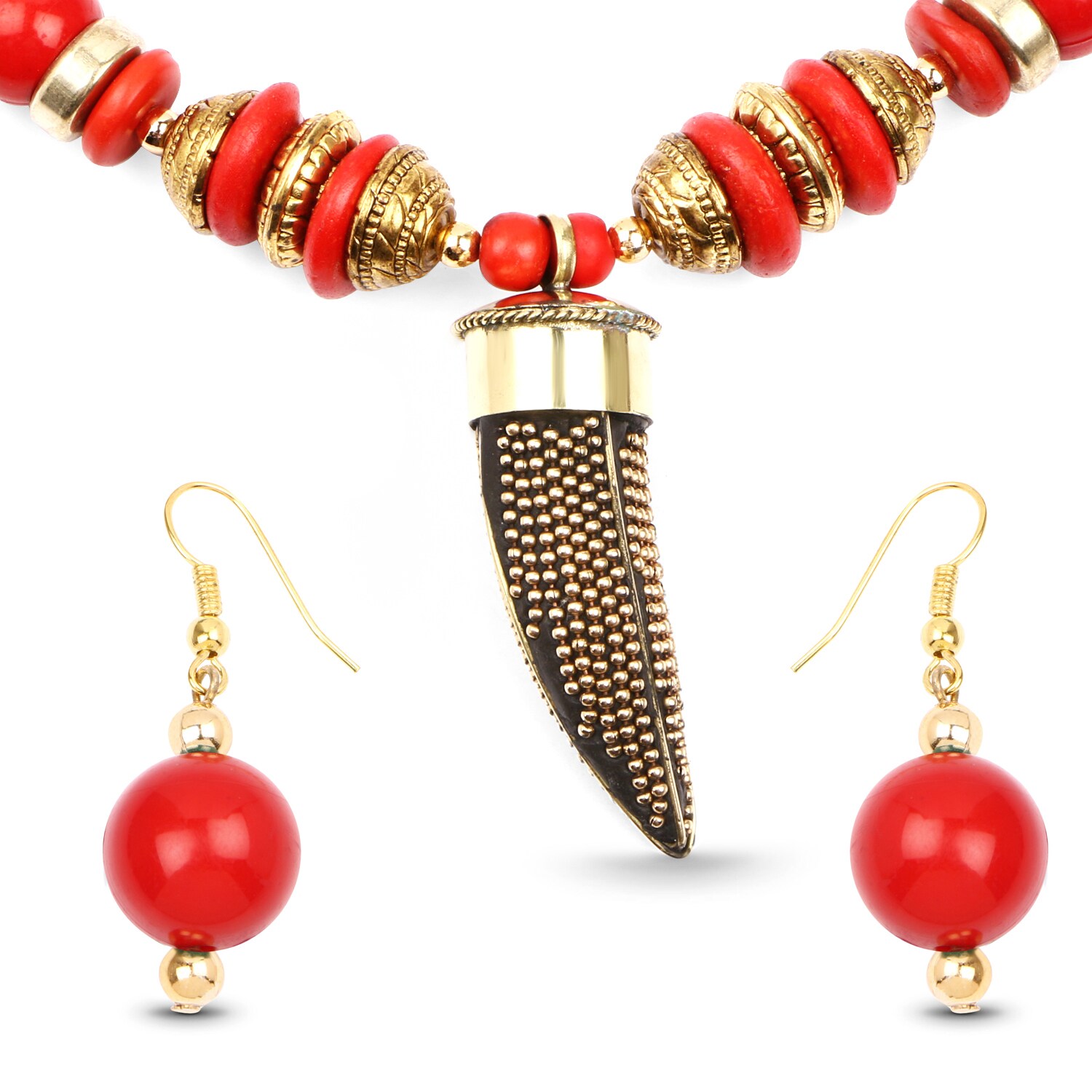 red bead necklace and earrings