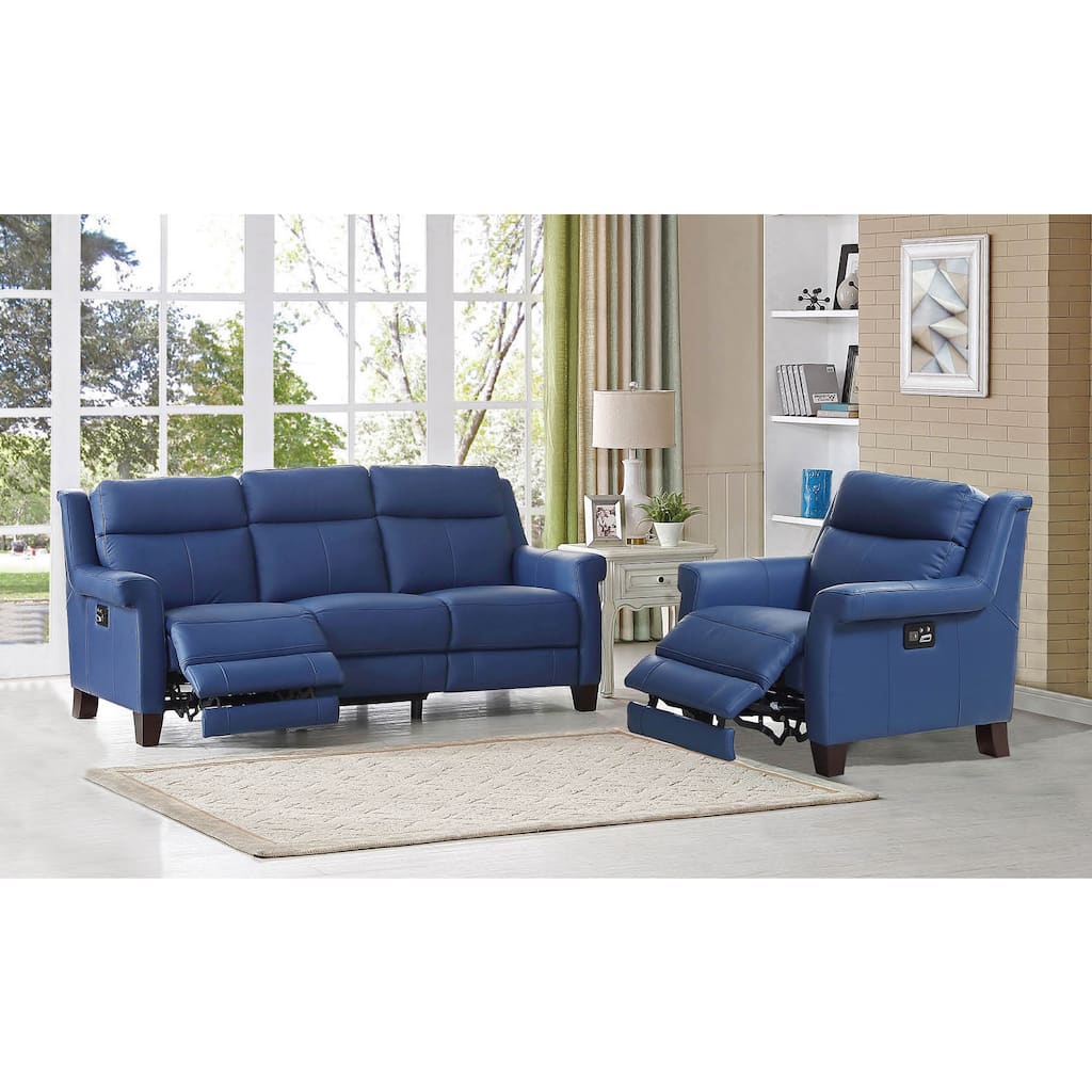 Hydeline by Amax Dolce Top Grain Leather Power Reclining Blue Sofa and Recliner