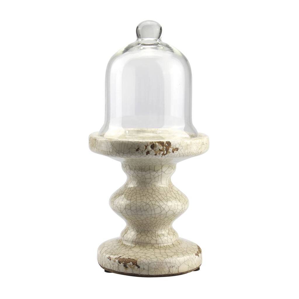 Ivory Ceramic and Glass Small Pedestal with Cloche