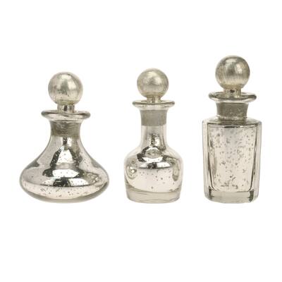 Antique Silver Mercury Glass Decorative Bottles with Stoppers (Pack of 3)
