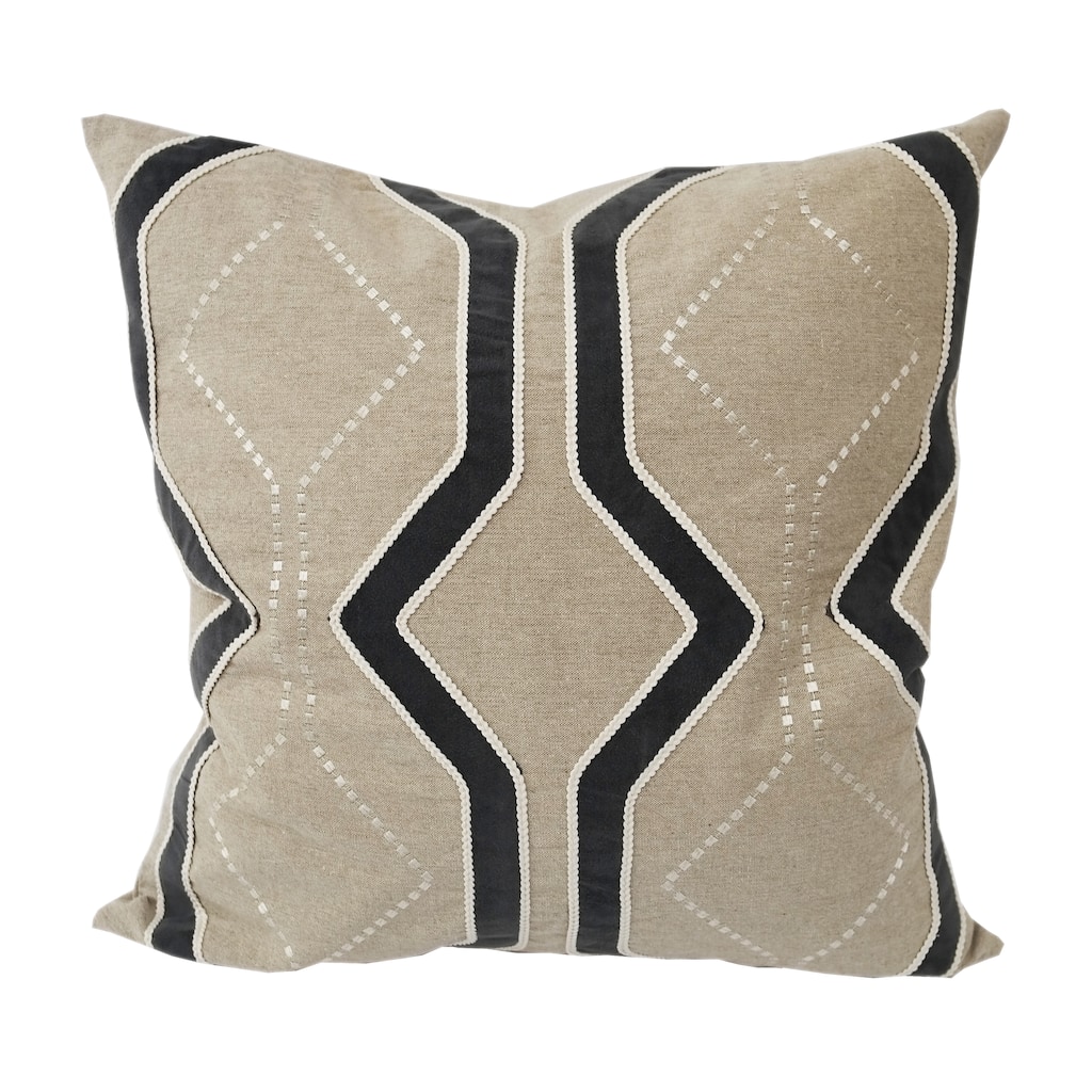 Embroidered Natural and Grey Poly Linen Connors Throw Pillow by Home Accent Pillows