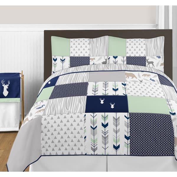 slide 2 of 3, Sweet Jojo Designs Navy and Mint Woodsy Collection Full/Queen 3-piece Comforter Set