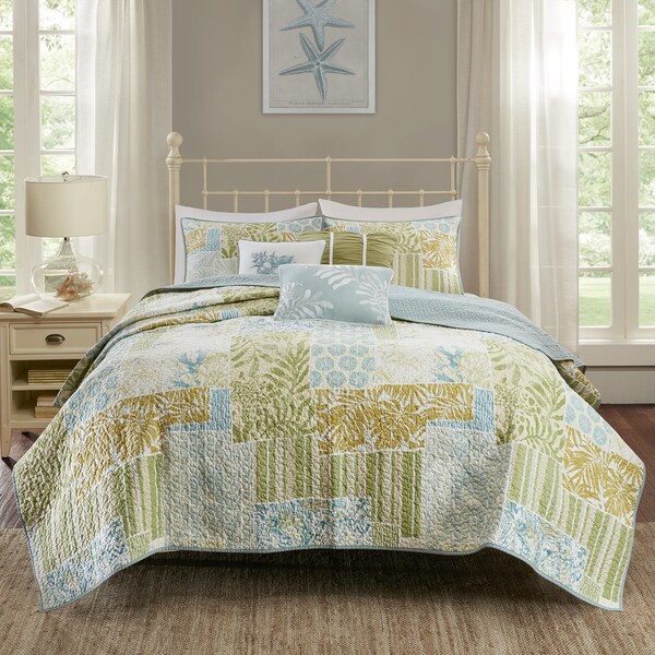 Madison Park Stone Harbor Blue/ Green Cotton Printed 6-piece Coverlet Set
