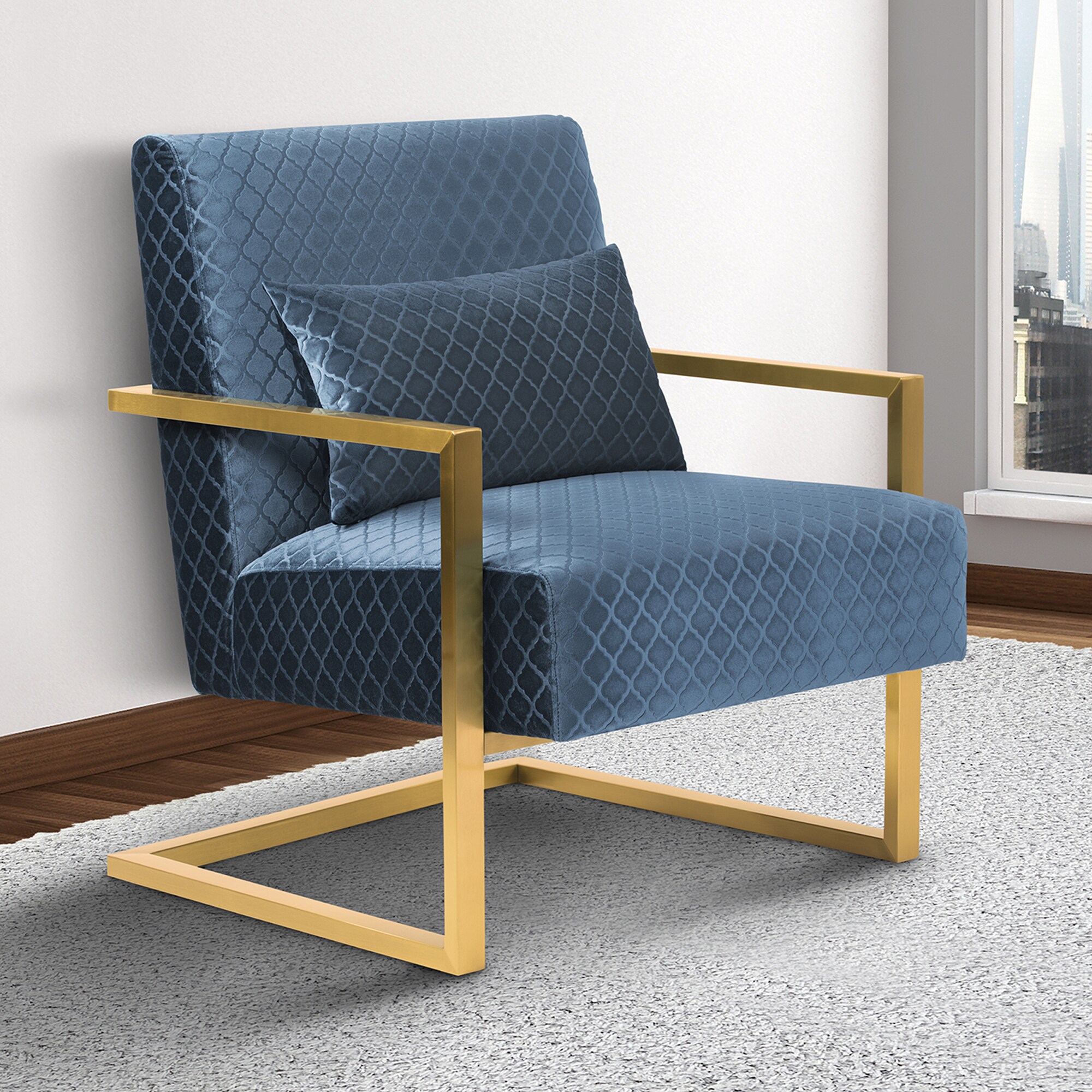 Armen Living Skyline Contemporary Accent Chair in Blue Velvet with