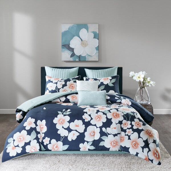 Madison Park Grace Navy 8 Piece Cotton Printed Comforter Set