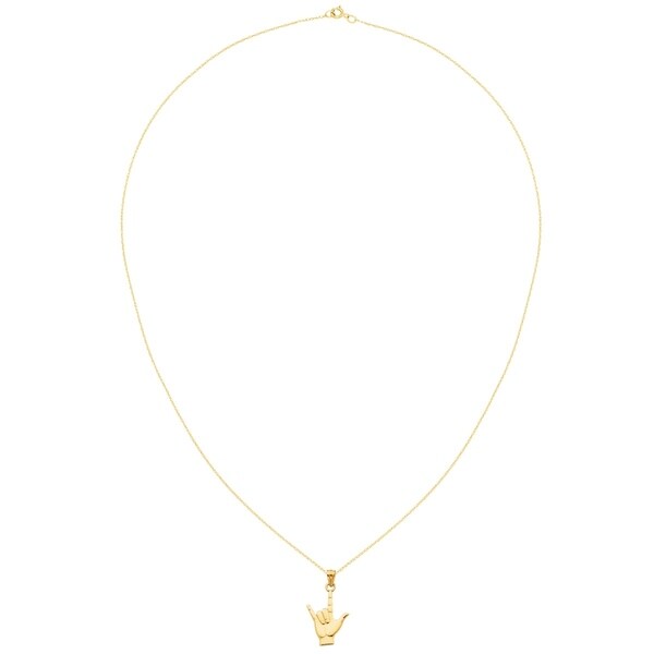 14k Yellow Gold I Love You Heart Hand Sign Charm Pendant with Figaro Chain Necklace