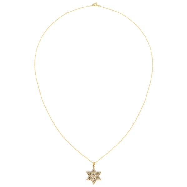Solid 14K Yellow Gold Round Filigree Star of David with Chai Symbol Pendant Necklace