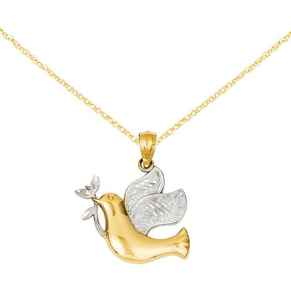 14K Yellow Gold w/Rhodium Polished Dove w/Olive Branch Pendant 