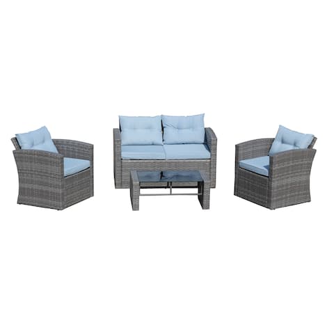 Roatan 4 Piece Outdoor Wicker Conversation Set in Grey with Light Blue Cushions