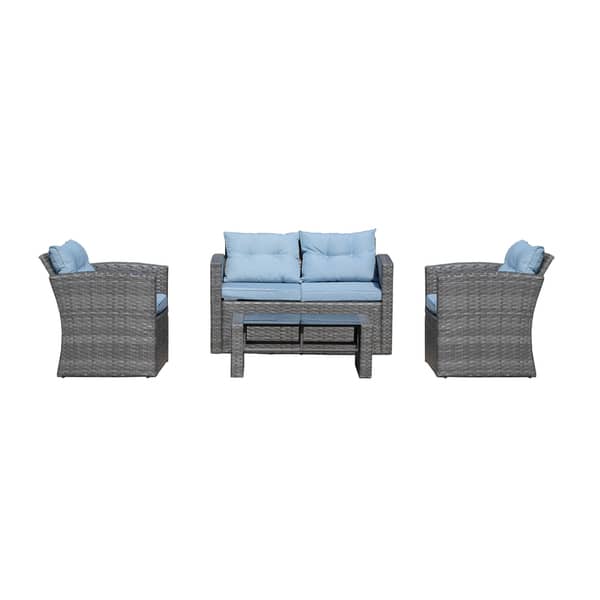 Roatan 4 Piece Outdoor Wicker Conversation Set In Grey With Roatan 4 Piece Outdoor Wicker