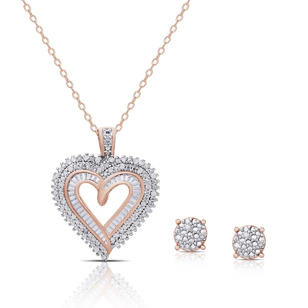 Finesque Rose Gold Overlay 1 4ct Tdw Diamond Heart Necklace And Finesque Rose Gold Overlay 1 4ct Tdw Diamond Heart Necklace And Earrings Set