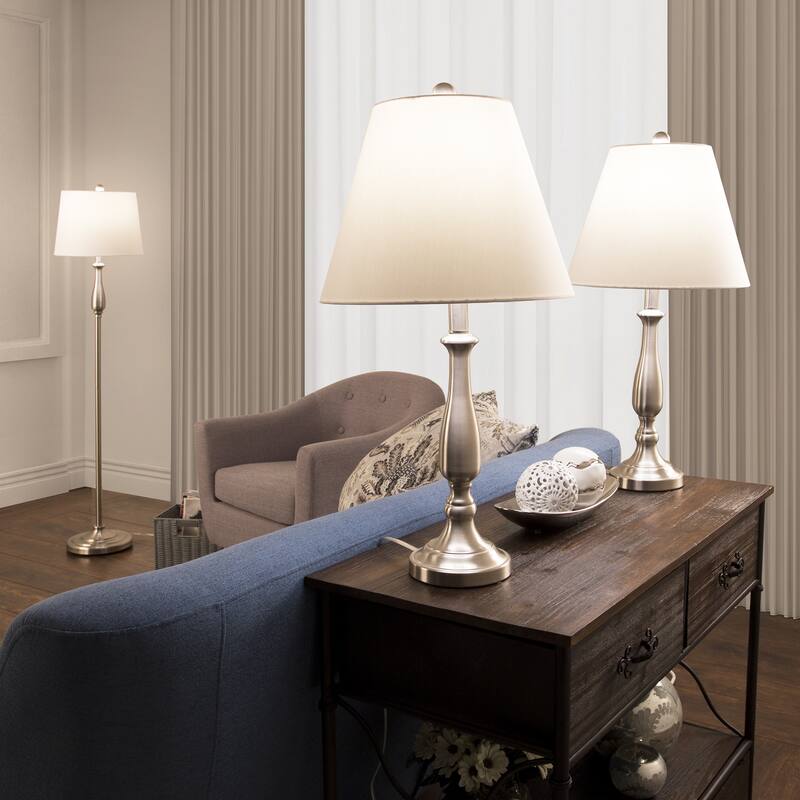 Table Lamps and Floor Lamp Set of 3, Traditional Brushed Steel (3 LED Bulbs included) by Windsor Home - N/A