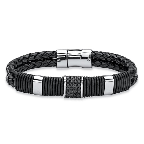 Stainless Steel and Leather Men's Black Crystal Accent Bracelet