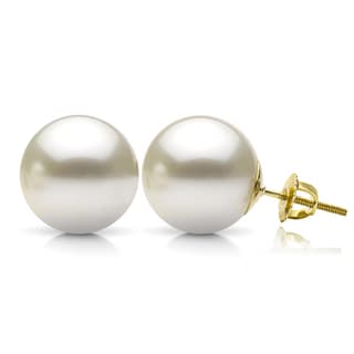 Wellingsale 14K Yellow Gold Polished Freshwater Cultured Pearl Stud Earrings With Screw Back