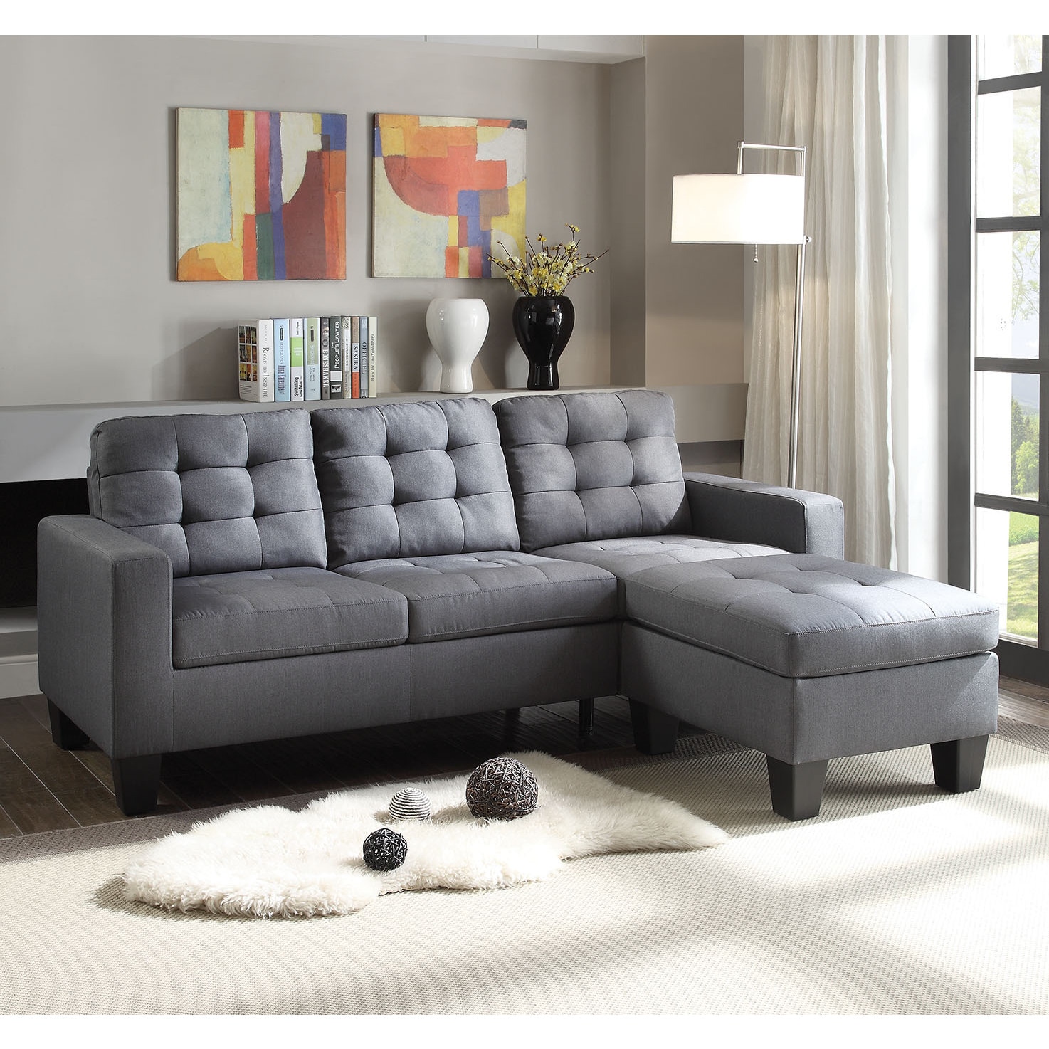 Earsom Reversible Grey Linen Sectional Sofa Grey Linen Sectional Sofa