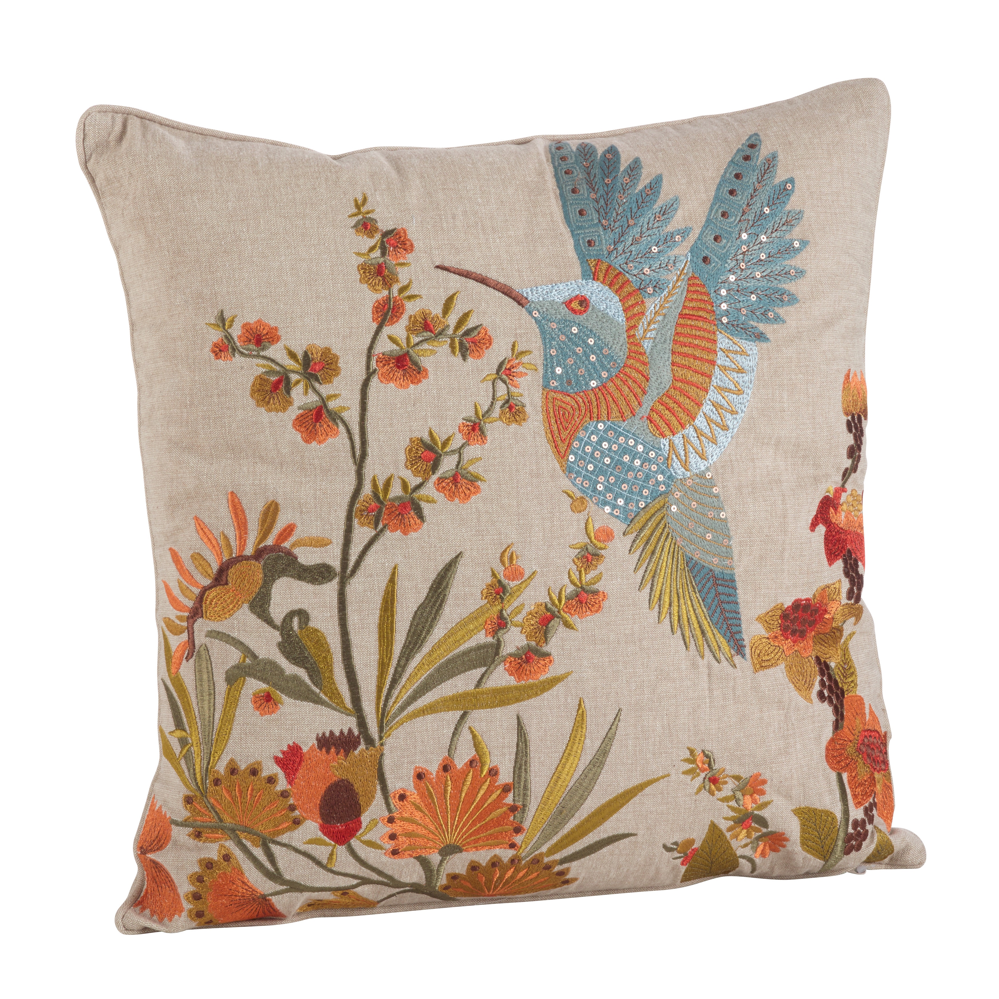 Hummingbird Embroidered Cotton Down Filled Throw Pillow Multi 18 x 18 ...