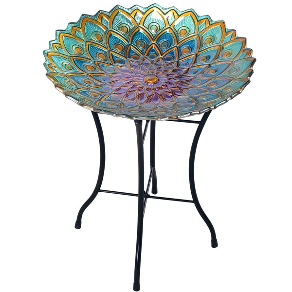 Peaktop - Outdoor 18 Inch Handpainted Mosaic Flower Fusion Glass Bird Bath w/ Stand. Opens flyout.