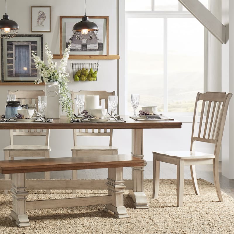 Eleanor Antique White Farmhouse Trestle Base 6-Piece Dining Set - Slat Back by iNSPIRE Q Classic