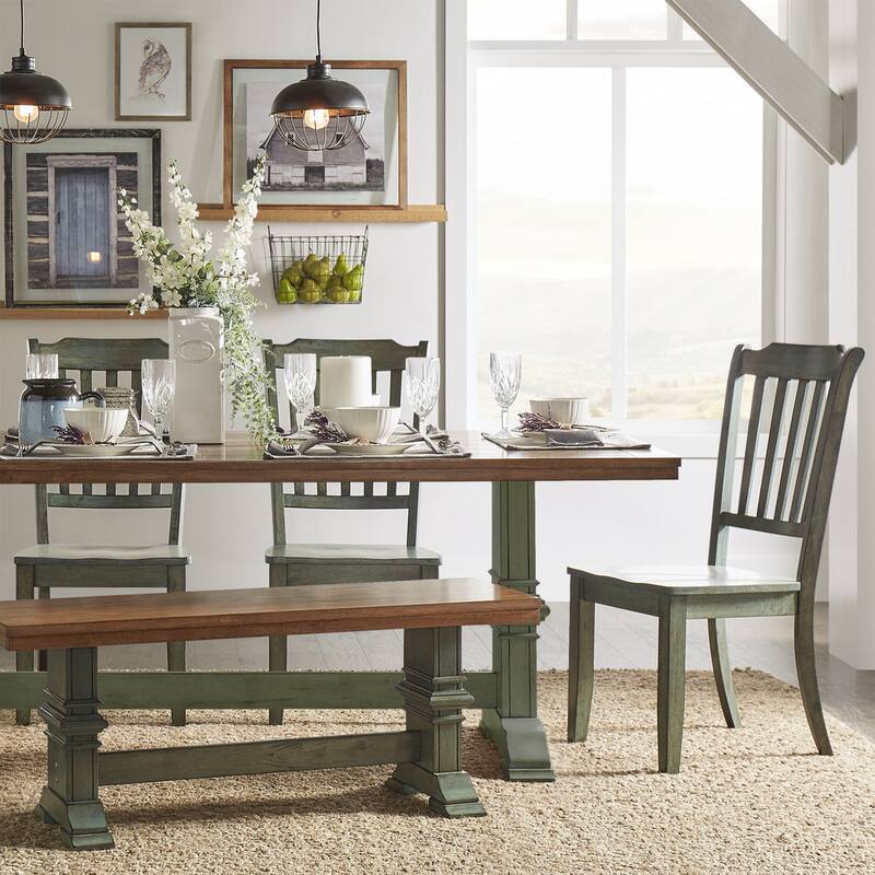 Eleanor Sage Green Farmhouse Trestle Base Slat Back 6-piece Dining Set by iNSPIRE Q Classic