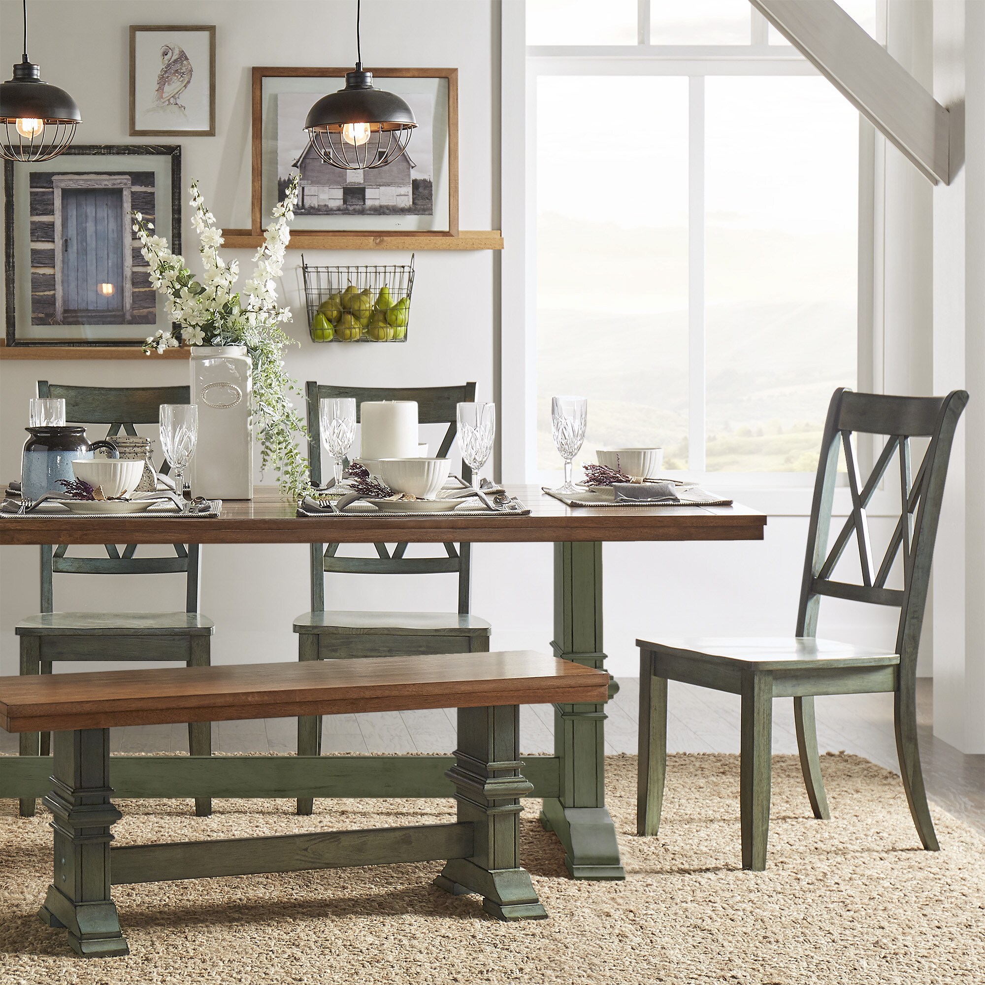Shop Eleanor Sage Green Farmhouse Trestle Base 6 Piece Dining Set X Back By Inspire Q Classic On Sale Overstock 14692170 Antique Sage Green Chairs And Bench