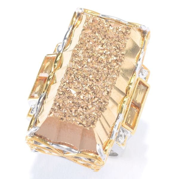 Michael Valitutti Palladium Silver Retangle Drusy & Citrine Elongated Ring