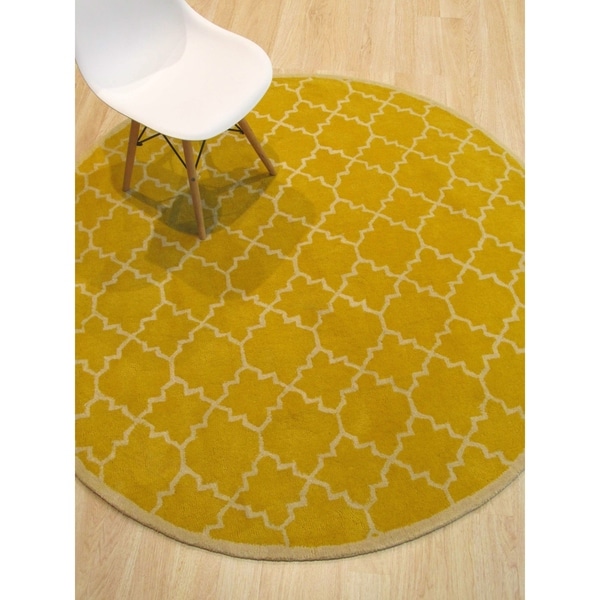 Hand Tufted Traditional Moroccan Trellis Yellow Round Wool Area Hand Tufted Traditional Moroccan Trellis Yellow Round Wool Area Rug