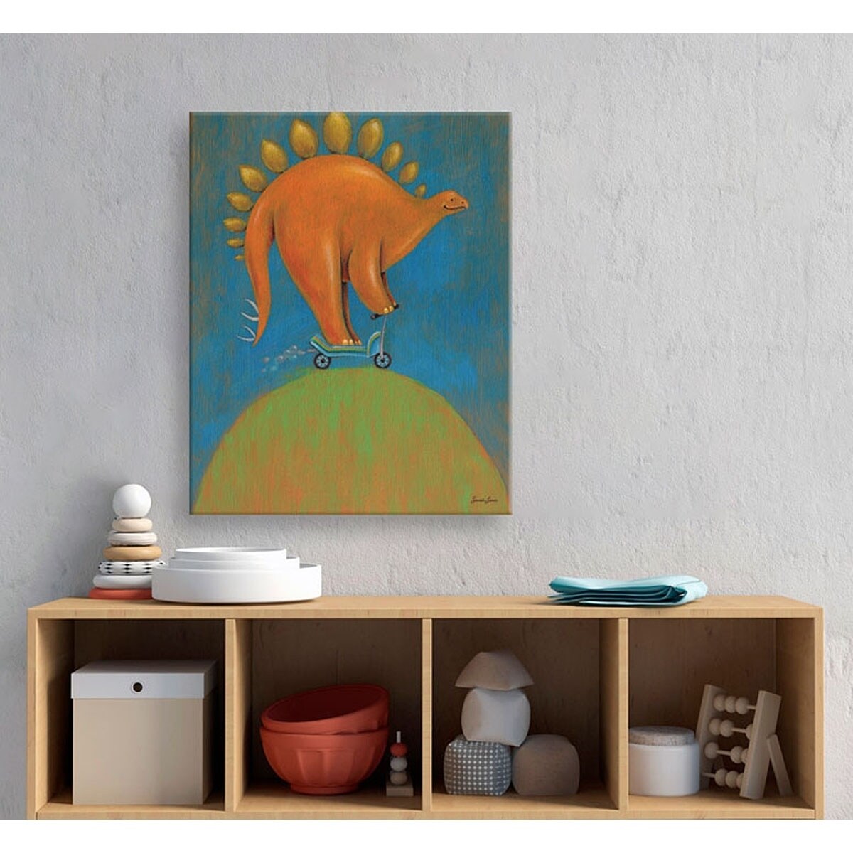 Oopsy Daisy 'Dinosaur Dash Stegosaurus' by Sarah Lowe Canvas Wall Art - 10  x 14