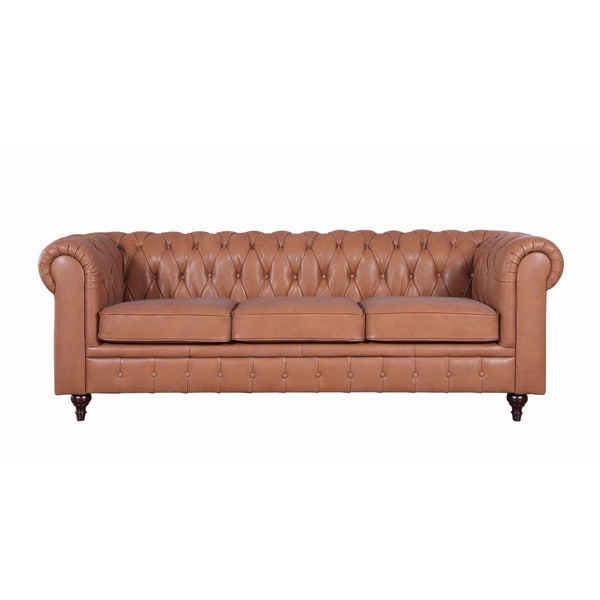 Beige Classic Scroll Arm Real Leather Chesterfield Sofa Wooden Legs