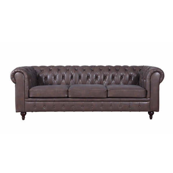 Beige Classic Scroll Arm Real Leather Chesterfield Sofa Wooden Legs