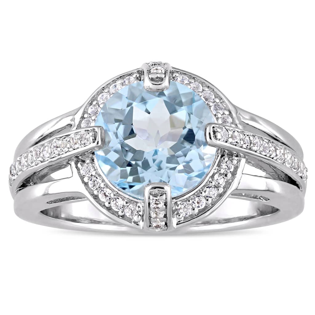 Miadora Sterling Silver Sky-Blue Topaz and White Topaz Halo Cocktail Ring - Blue