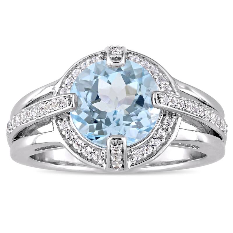 Miadora Sterling Silver Sky-Blue Topaz and White Topaz Halo Cocktail Ring - Blue