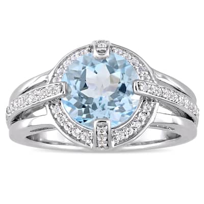 Miadora Sterling Silver Sky-Blue Topaz and White Topaz Halo Cocktail Ring - Blue