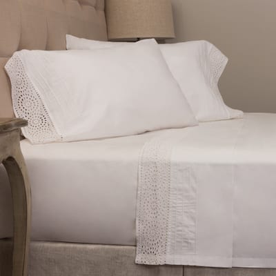 Eyelet White Cotton Bed Sheet Set